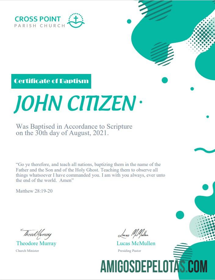 Imprimível modelo de certificado de batismo dos EUA em formato Word e PDF, versão 2